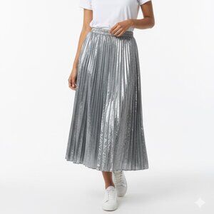 Silver Metallic Midi Skirt | Women’s Size Large (10–12) | Holiday Party Outfit